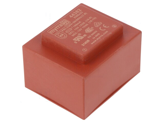 Transformator: ingegoten; 30VA; 230VAC; 15V; 15V; 1A; 1A; PCB Transformator: ingegoten; 30VA; 230VAC; 15V; 15V; 1A; 1A; PCB